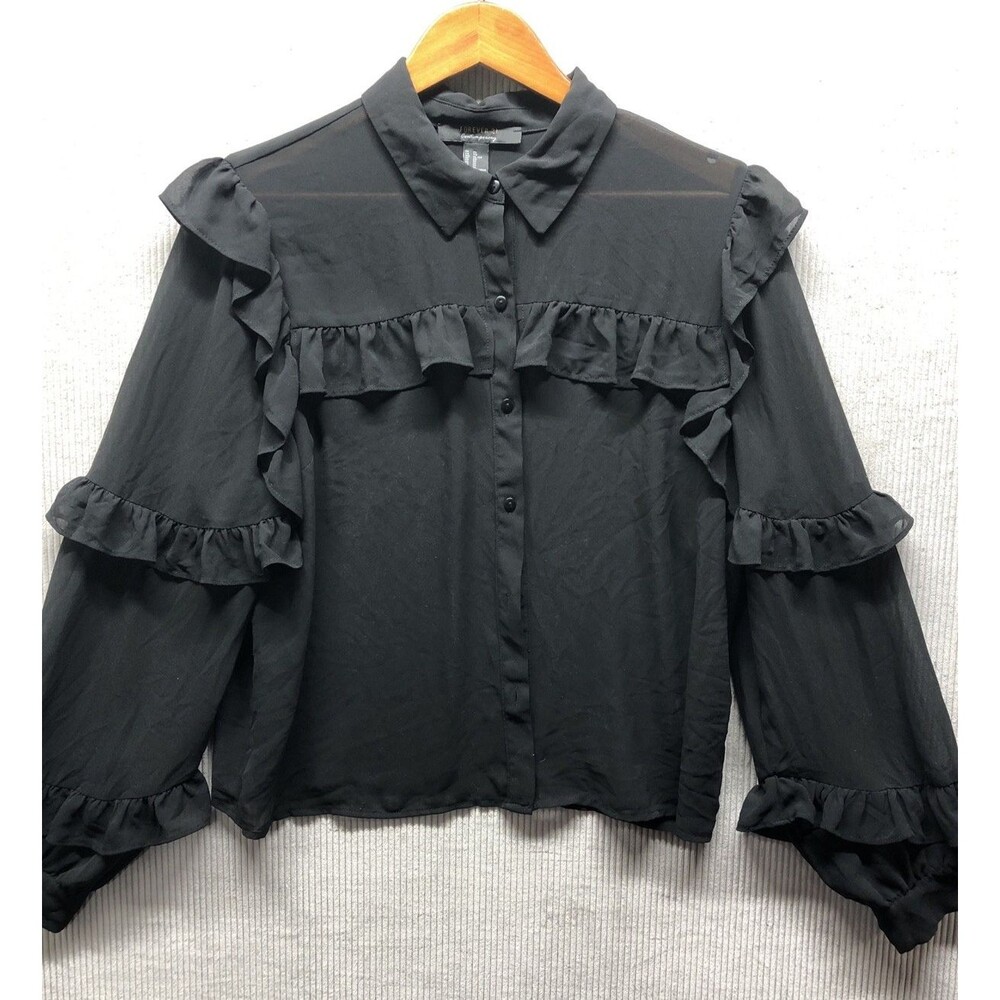 Forever21 Blouse XL Black Sheer Ruffle Button Down Goth Witchy Halloween